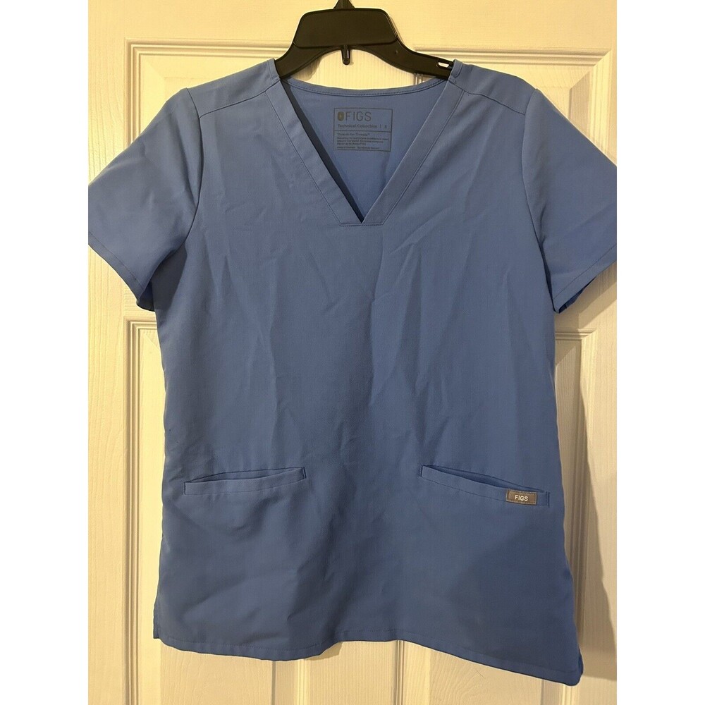 FIGS Womens CASMA Small V-neck Two Pocket Scrub Top Light Blue